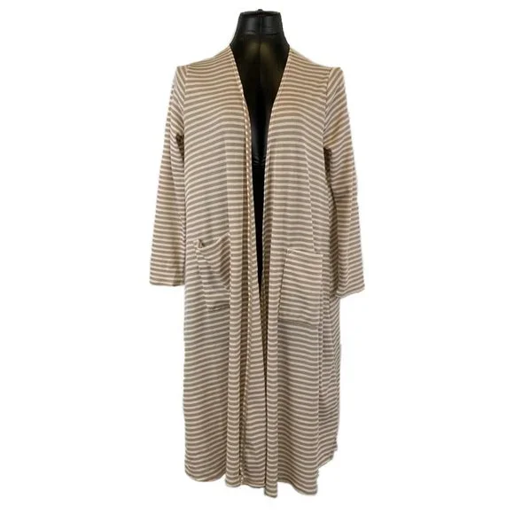 LulaRoe Sarah Duster Cardigan Sweater Tan Cream Striped Ribbed Women's Size M - Picture 2 of 6